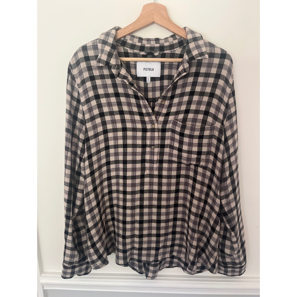 Pistola Plaid Button Up Shirt Long Shirt Womens Black White Large